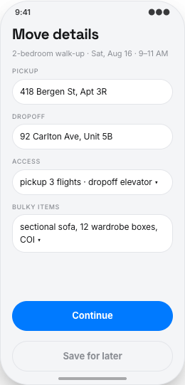 Moving Company prototype screen showing Clear moving estimate