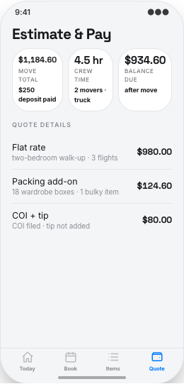 Moving Company prototype screen showing Move Day Tracker