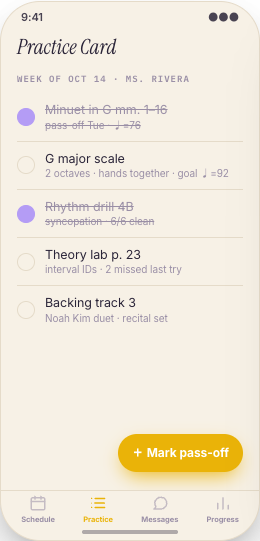 Music School & Lesson Studio prototype screen showing Practice Card