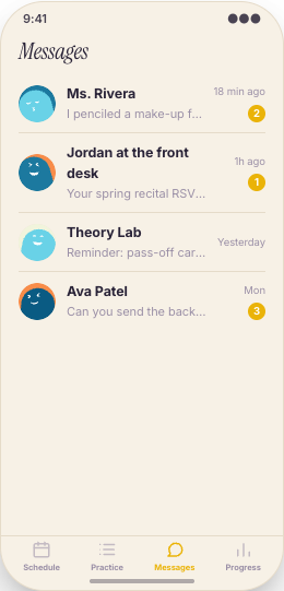 Music School & Lesson Studio prototype screen showing Piece Player