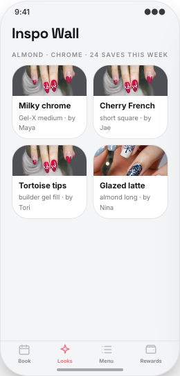 Nail Studio prototype screen showing Service menu with add-ons