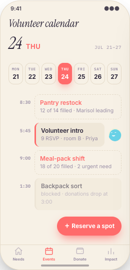 Nonprofit & Volunteer Organization prototype screen showing Volunteer Calendar