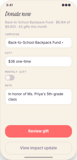 Nonprofit & Volunteer Organization prototype screen showing Donate Now