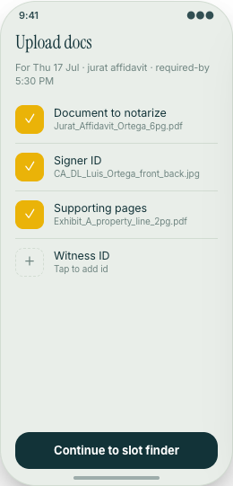 Notary Service prototype screen showing Services & Fees
