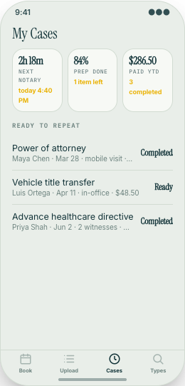 Notary Service prototype screen showing Prepare Packet