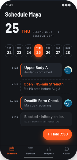 Personal Trainer prototype showing Session schedule