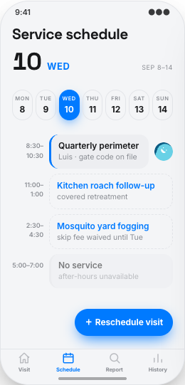 Pest Control Company prototype screen showing Technician ETA