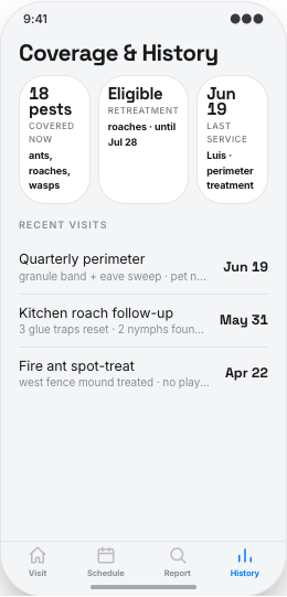 Pest Control Company prototype screen showing Reschedule or skip a visit