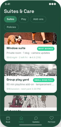 Pet Boarding & Kennel prototype screen showing Suites & Care