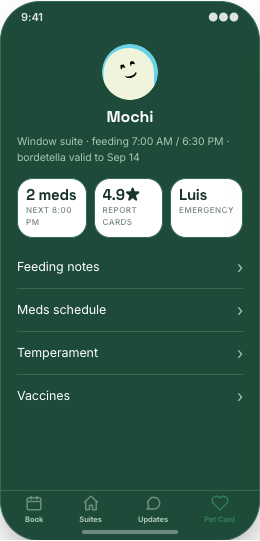 Pet Boarding & Kennel prototype screen showing Vaccine readiness