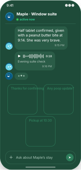 Pet Boarding & Kennel prototype screen showing Stay Updates