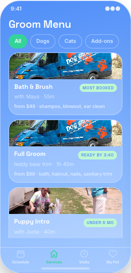 Pet Grooming Salon prototype screen showing Groom Menu