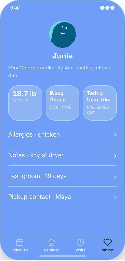 Pet Grooming Salon prototype screen showing Salon Chat