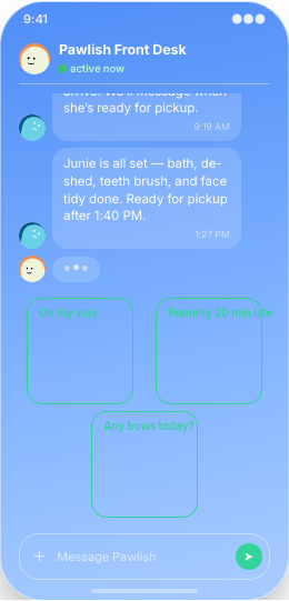 Pet Grooming Salon prototype screen showing Pickup-ready messages