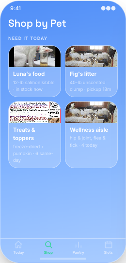 Pet Store & Same-Day Pet Essentials prototype screen showing One-tap repeat orders