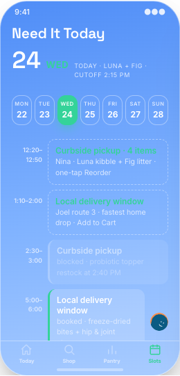 Pet Store & Same-Day Pet Essentials prototype screen showing Luna & Fig profiles