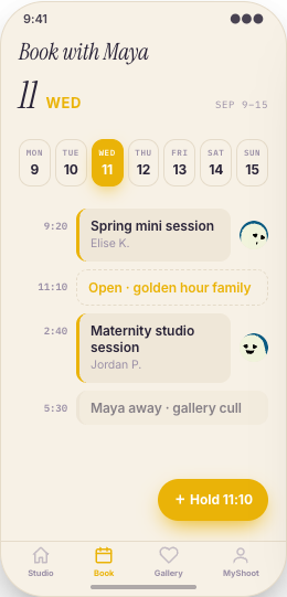 Photography Studio prototype screen showing Portrait packages