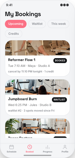 Pilates Studio prototype screen showing Class details before booking