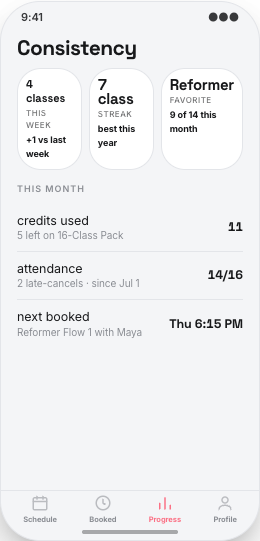 Pilates Studio prototype screen showing Class credit balance