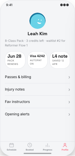 Pilates Studio prototype screen showing Waitlist for full classes