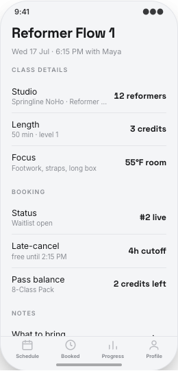 Pilates Studio prototype screen showing My Bookings screen