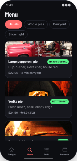 Pizzeria prototype screen showing Full pizza menu