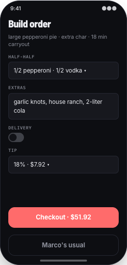 Pizzeria prototype screen showing Build Order