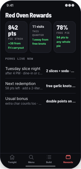 Pizzeria prototype screen showing Pickup or delivery details