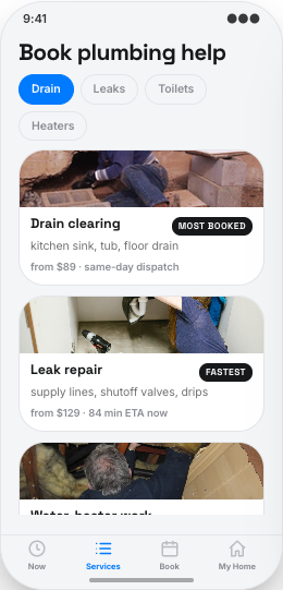 Plumbing Company prototype screen showing Plumbing service menu
