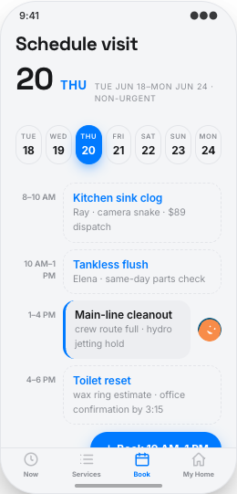 Plumbing Company prototype screen showing Schedule Visit time windows