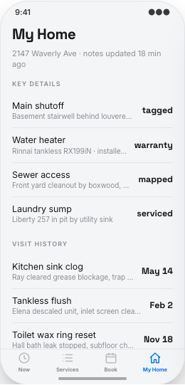 Plumbing Company prototype screen showing Issue Details with useful photos