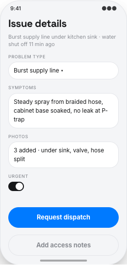 Plumbing Company prototype screen showing Plumber ETA and job status