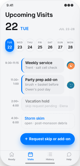 Pool Service Company prototype screen showing Latest water readings