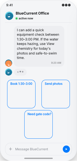 Pool Service Company prototype screen showing Service summary after each stop