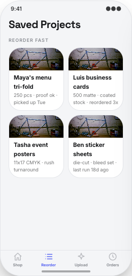 Print Shop prototype screen showing Job builder
