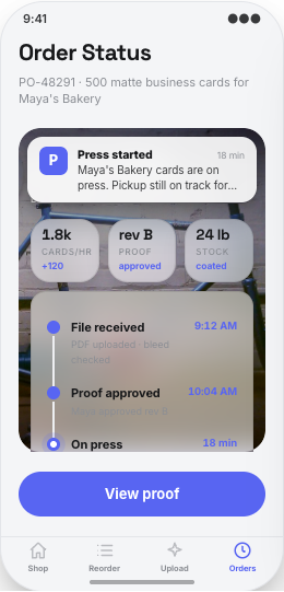 Print Shop prototype screen showing Saved projects