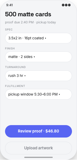 Print Shop prototype screen showing Fast reorders