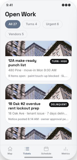 Property Management prototype screen showing Open Work