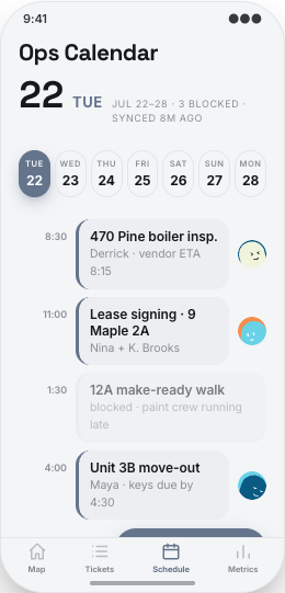 Property Management prototype screen showing Ops Calendar