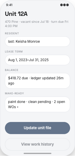 Property Management prototype screen showing Unit File