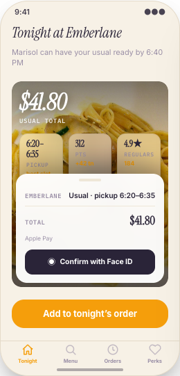 Restaurant Pickup & Regulars App prototype showing Tonight at Emberlane home screen