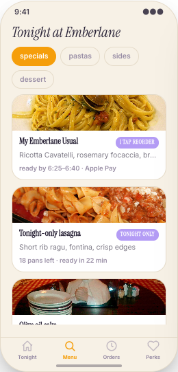 Restaurant Pickup & Regulars App prototype screen showing Reorder my usual