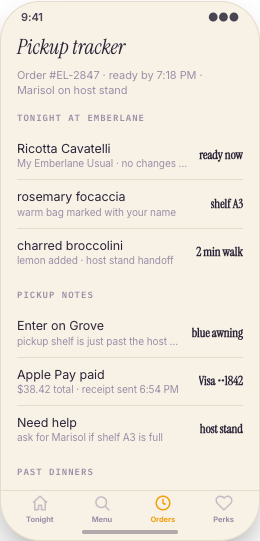 Restaurant Pickup & Regulars App prototype screen showing Menu and seasonal specials