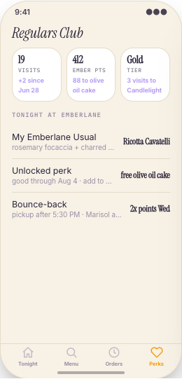 Restaurant Pickup & Regulars App prototype screen showing Precise pickup windows