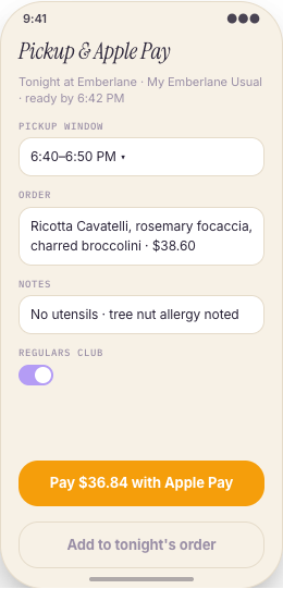 Restaurant Pickup & Regulars App prototype screen showing Pickup tracker