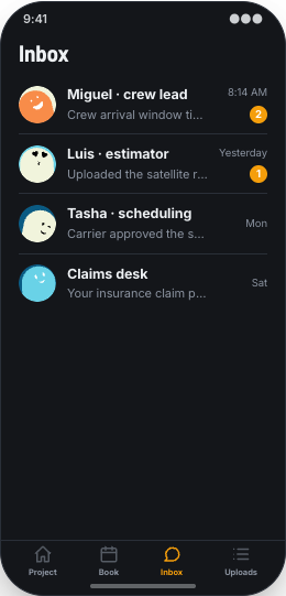 Roofing Company prototype screen showing Crew and material updates
