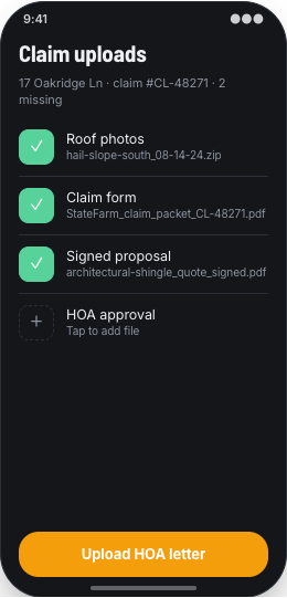 Roofing Company prototype screen showing Claim Uploads