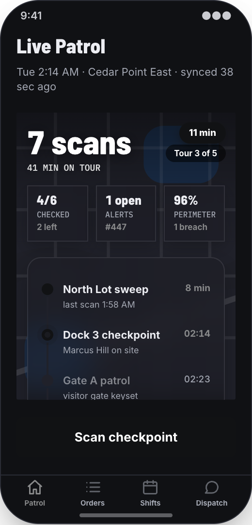 Security Guard Company prototype showing Live Patrol