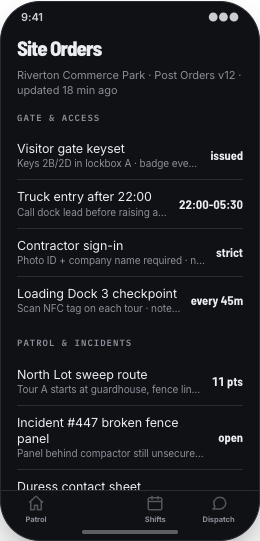 Security Guard Company prototype screen showing Checkpoint tracking