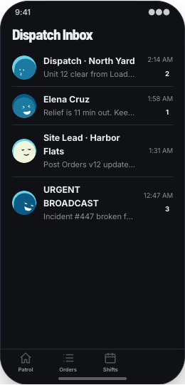 Security Guard Company prototype screen showing Shift Board